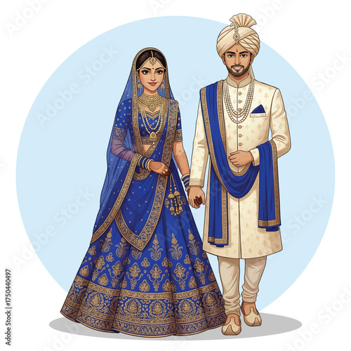 Traditional Indian Bride and Groom in Royal Blue Wedding Attire Illustration