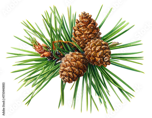 Close-up of pine cones and needles, showcasing botanical detail on black background