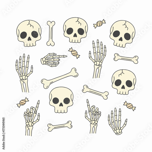 Halloween Skulls Bones Skeleton Hands and Candies Seamless Pattern