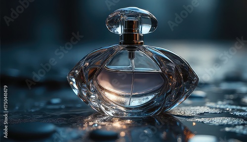 Exquisite glass perfume bottle radiates luxury and elegance, capturing the essence of sophisticated fragrance with shimmering light and dark moody ambiance.