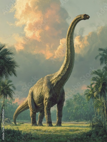 Majestic Dinosaur Awakens: A Giant's Stroll Through Lush Prehistoric Landscapes