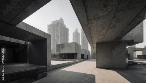 Exterior shot of a modern concrete structure with open spaces and city buildings in the distance