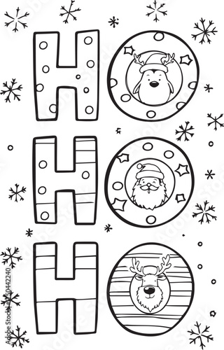 HO HO HO Christmas vector with Santa, reindeer, penguin, snowflakes, and stars for festive holiday greeting and seasonal design, xmas decor