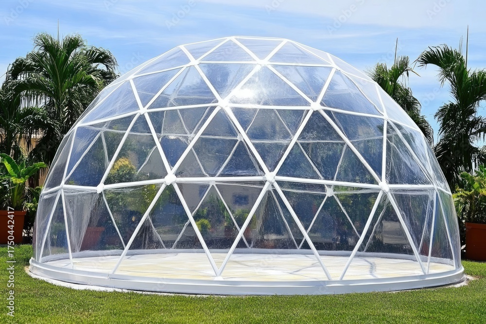 Fototapeta premium Large, geodesic dome structure, clear glass panels, white metal framework, on grassy lawn, sunny day