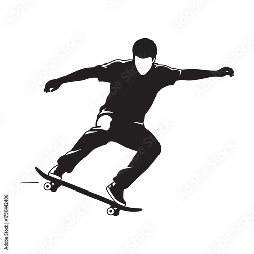 Black silhouette of a skateboarder performing a jump on a white background