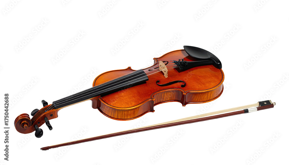 Fototapeta premium A detailed view of a wooden stringed instrument with bow, isolated on black background