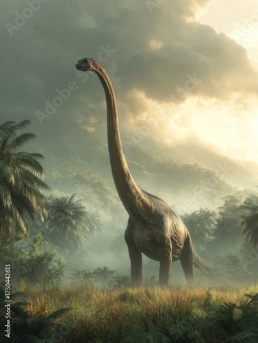 Majestic Dinosaur in Lush Prehistoric Landscape Under Dramatic Sky