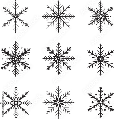 Hand-drawn snowflake vector set with unique symmetrical patterns for winter-themed design, xmas and seasonal decor, and holiday use