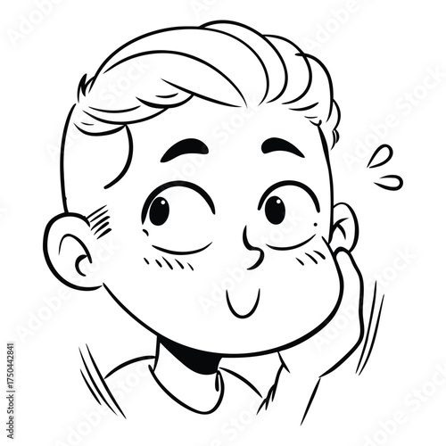 Cute cartoon boy with blushing cheeks and hand on face looking up shyly