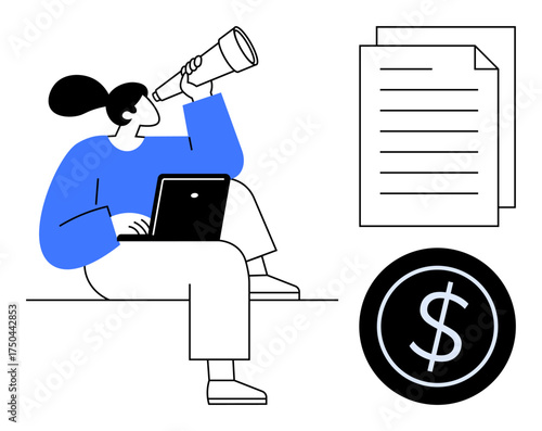 Woman using a laptop and telescope alongside documents and a dollar sign to explore possibilities and financial ideas. Ideal for strategy, business, planning, finance, investment, vision, innovation