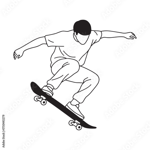 Line art drawing of a skateboarder in action on a white background