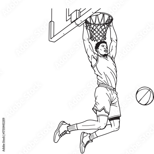 Line art of a basketball player dunking a ball slam dunk