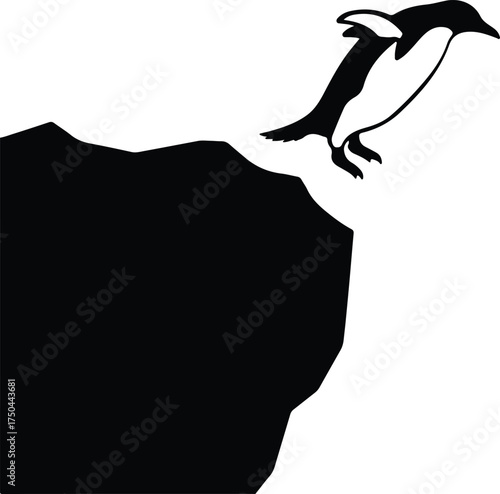 Vector silhouette of penguin jumping off iceberg illustration