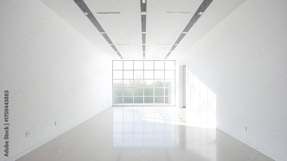 Fototapeta premium Modern white office corridor with large windows and clean lines.