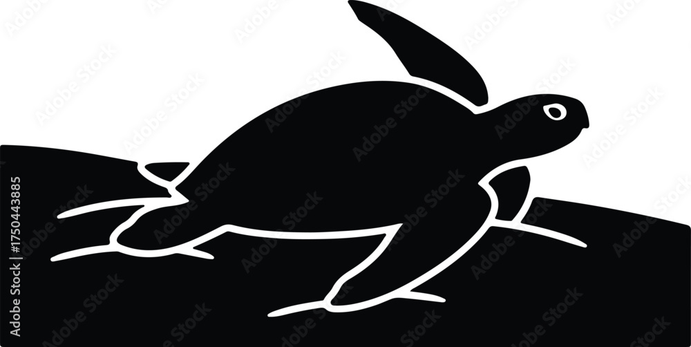 Fototapeta premium Vector silhouette sea turtle crawling on sand illustration