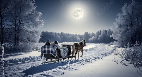 Magical winter sleigh ride through snowy landscape under bright moonlight for holiday or Christmas scene