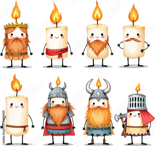 Anthropomorphic candles dressed as fantasy and historical characters in black-and-white cartoon line art