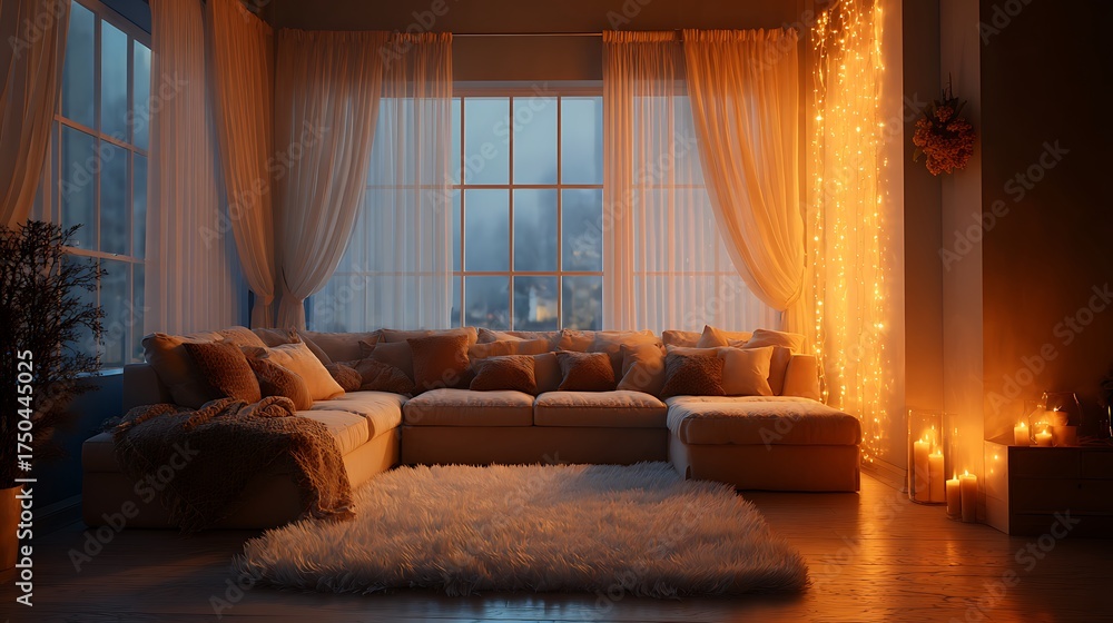 Fototapeta premium Modern living room with beautifull curtains and sofa with couch and unique glass window