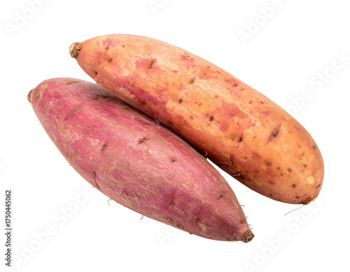 Two sweet potatoes with different skin tones rest on a transparent background