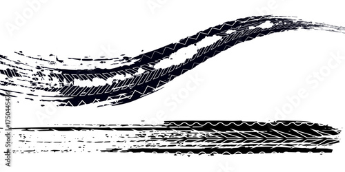 Traces of car, motorcycle tread. Curved realistic traces of tires of wheels from different types of tread vector png. Car wheels on disks.