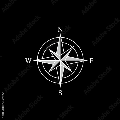 Modern Geometric Compass Rose Vector Illustration in Grayscale