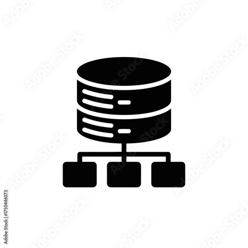 Black Solid Glyph Vector Illustration of Database Server Connected to Network Nodes