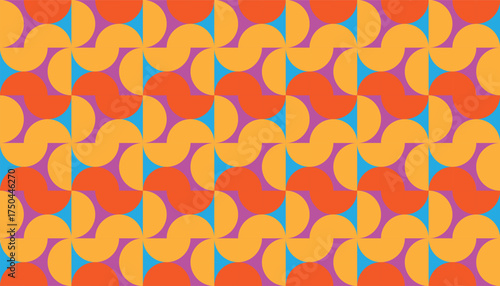 Seamless retro geometric pattern with warm orange, yellow, and pink tones forming curved wave shapes