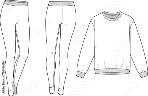 Cad drawing flat vector illustration, fashion technical sketch, leggings front back view, sweatshirt template, apparel design, clothing mockup