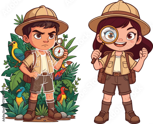 Children explorers in jungle adventure, safari kids with compass and magnifying glass, nature discovery, tropical birds, teamwork, curiosity, education, outdoors