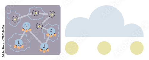 Connected nodes with locks and numbered points within a network, alongside cloud representation. Ideal for cybersecurity, data organization, cloud computing, technology strategy, secure data, IT