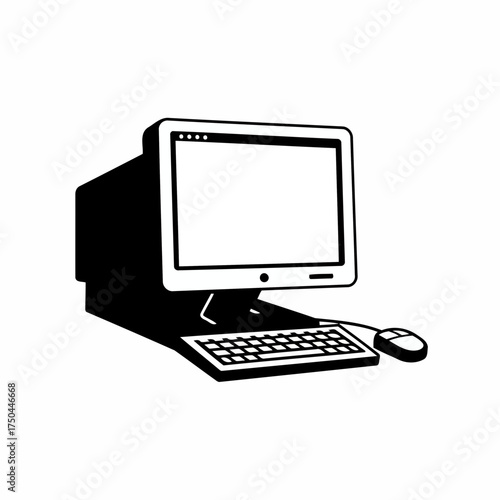 Retro Desktop Computer System Vector Illustration in Minimalist Black and White Style