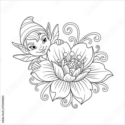 Mischievous Pixie Peeking Out From Behind a Large Elaborate Flower Fantasy Garden