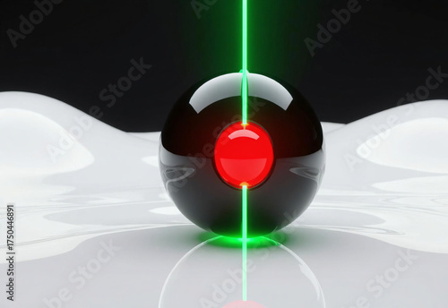 Glossy Black Sphere with Red Core and Vertical Green Laser on Reflective Surface
