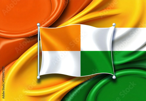 Stylized Flag with Orange, White, and Green Quadrants on Swirling Background