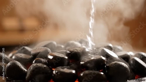 Closeup Of Black Stones And Water Droplets Creating Steam On A Light Brown Wooden Background With Soft Lighting Ideal For Spa Relaxing