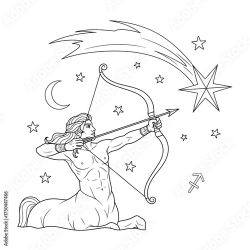 Sagittarius Archer and Shooting Star Intricate Fire Sign Adult Coloring Page Art