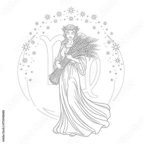 Virgo Maiden with Wheat Sheaf Elegant Earth Sign Celestial Adult Coloring Design