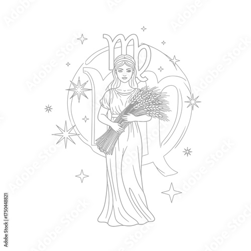Virgo Maiden with Wheat Sheaf Intricate Elegant Earth Sign Celestial Adult Coloring