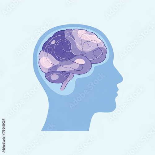 Stylized illustration of the human brain contained within a head profile, representing the intricate processes of the mind, cognitive functions, mental health, and intellectual activity
