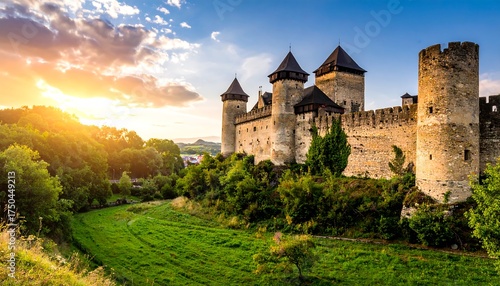Fototapeta Naklejka Na Ścianę i Meble -  Scenic medieval castle perched atop a hill under a vibrant sunset