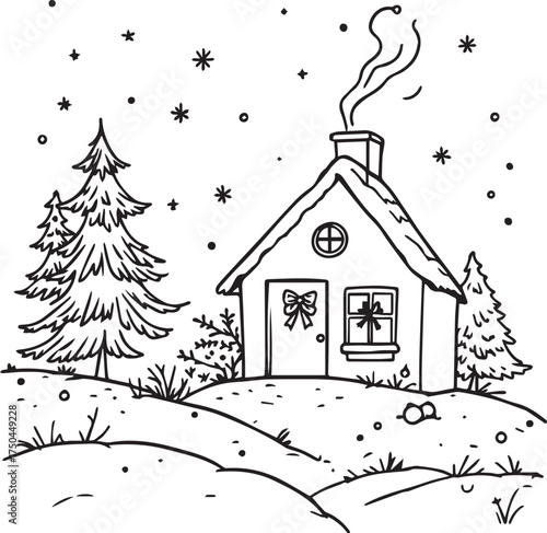 Winter House Scene Vector – Black and White Line Art with Bow Decor, Snowflakes, Trees, and Chimney Smoke