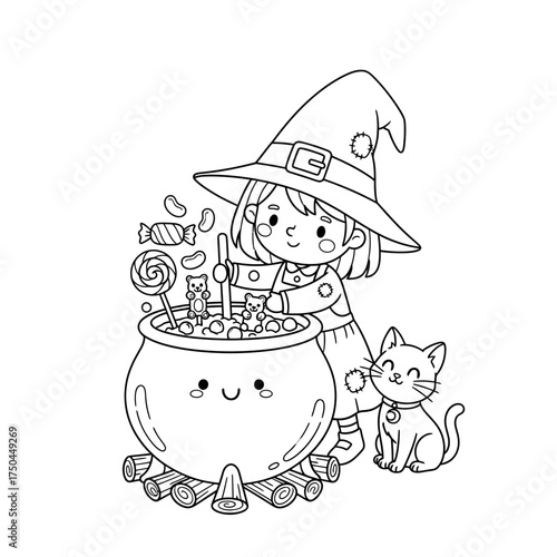 Whimsigoth Kids Art Little Witch Stirring a Candy Filled Cauldron Simple Scene