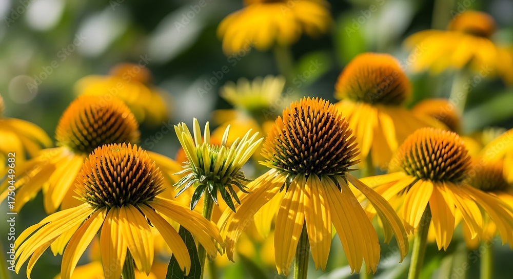 Fototapeta premium Radiant Yellow Coneflowers in Full Bloom - A Summer Garden Delight.