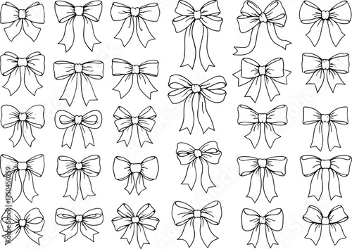 Collection of Various Bows Outlines for Gifts and Decorations on Transparent Background