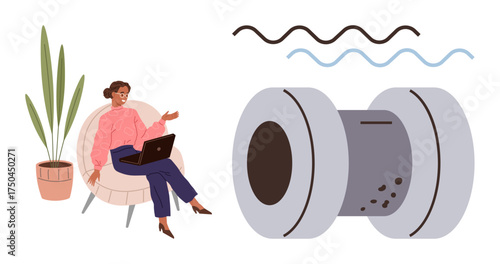 Woman sitting with laptop next to a cylindrical tech gadget and abstract wavy lines. Ideal for technology, innovation, remote work, workplace creativity, digital devices, modern communication, simple