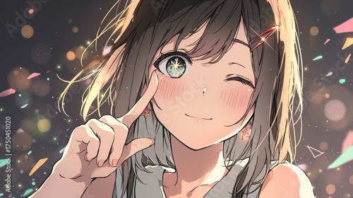 星のような瞳でウィンクするアニメ美少女｜幻想的に輝く光と笑顔のポートレート