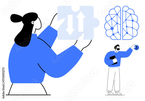 Woman holding puzzle piece with arrows, man analyzing with a gear, neural connections. Ideal for innovation, teamwork, problem-solving, brainstorming, knowledge-sharing, technology creativity
