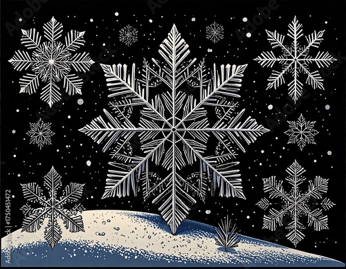 Detailed snowflakes against a dark night sky and snow