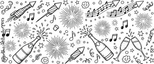 Hand-Drawn New Year Celebration Elements with Fireworks, Champagne, and Musical Notes on Transparent