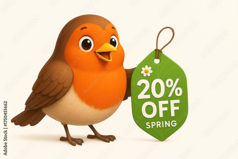 Fototapeta premium Cheerful bird holding green tag with 20 percent off spring sale, cute cartoon style, orange and brown feathers, happy expression, white background, seasonal promotion